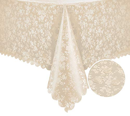 Romanstile Tovaglia plastificata 12-18 posti rettangolare 350x150 cm antimacchia per esterno Tovaglie cerata beige con motivo floreale Elegante Impermeabile, compleanno, giardino, Pasqua, primavera