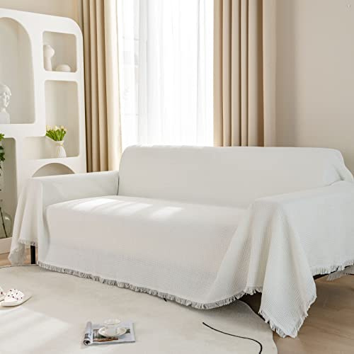 LHGOGO Extra Große Waffel Sofa Überwurf Vielseitige Sofa Cover Wohndecke als Sofa Überzug, Sofa bezug und Tagesdecke mit Fransen - 180x340cm, Weiß