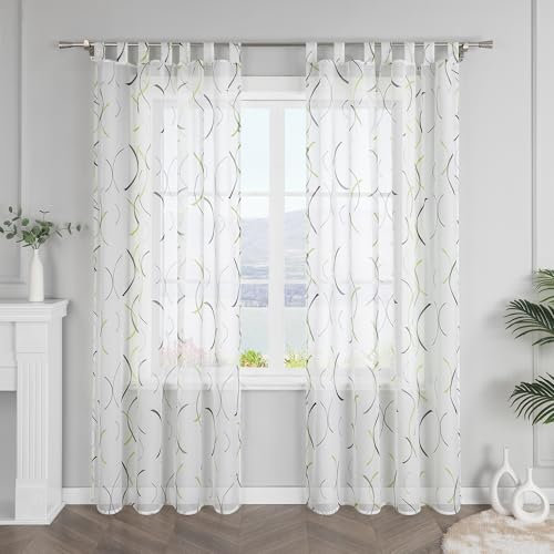 SCHOAL Voile Gardinenschal mit Schlaufen Transparent Gardine Vorhang mit Streifen Schlaufenschal für Wohnzimmer 1 Stück BxH 140x145cm Grün