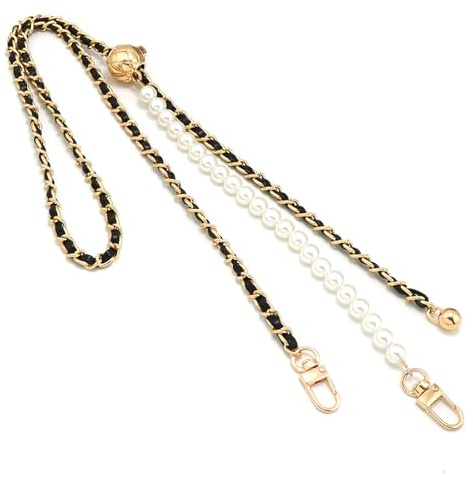 WANYI 120cm Taschenkette Gold Handykette Perlen Kette für Tasche Schulterriemen Leder Verstellbar Metallkette mit Aufgesetzten Perlen für Damen Crossbody Tasche Ersatz-Zubehör (Schwarz 2)