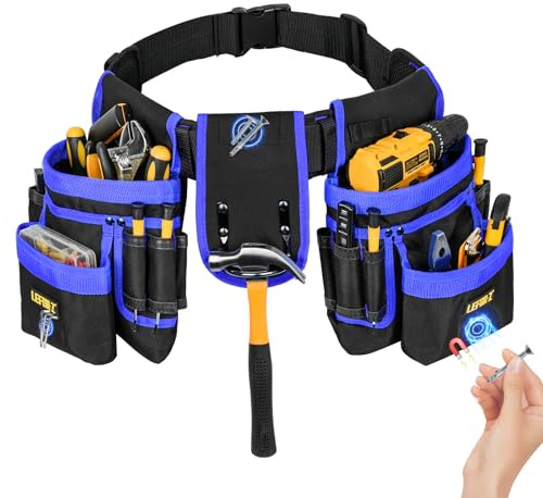 Tool Belt,Magnetic Tool Pouch,27-Pockets Heavy Duty Tool Belts for Men,Detachable Tool Pouch Bag for Electrician,Carpenter,Construction,Work Apron,Utility Belt,Valentines Day Gifts for Men,Black,Blue