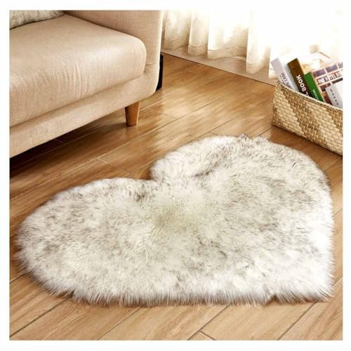 Heart Shaped Fluffy Fur Rug Soft Shaggy Carpet Lambskin Sheepskin Chair Cushion for Living Room Bedroom Floor Decor 70 * 90cm White Grey