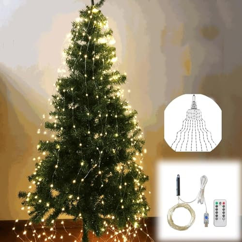 Pneterg - Guirnalda luminosa para árbol de Navidad, luces de cascada de árbol de Navidad, 8 modos de iluminación, 6 horas de trabajo y 18 horas de descanso, para decoración interior exterior (1 m, 200