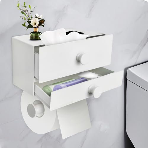 DOKKOME Toilettenpapierhalter Ohne Bohren Klopapierhalter mit Schublade Feuchttücherbox Edelstahl Klorollenhalter Rollenhalter für Badezimmer Toilet/WC Paper Holder Toilettenhalter Weiß