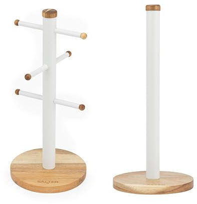 Salter Toronto Mug Tree & Kitchen Roll Holder - Acacia Wood Countertop Stand, 6 Brand Display for Coffee Mugs, Freestanding, Kitchen Storage, Worktop Organiser, White