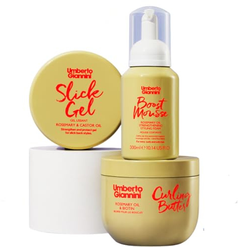 Umberto Giannini Curly Hair Routine Kit Strong Curls Strengthen + Hold for Curly, Coily, Wavy Hair - Includes Curl Cream, Mousse & Edge Gel