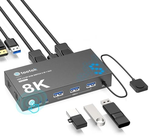 Switch KVM DisplayPort 8K@60Hz 2x1, Switch KVM per 2 Computer 1 Monitor KVM Switch per condividere 1 Tastiera Mouse, Switch USB 3.0 con Telecomando, EDID, HDCP, per PC, Mac