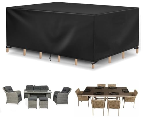 HNKDKJ Housse de Table 125x65x50cm/LxWxH Bâche de Protection Imperméable Salon de Jardin,Coupe-Vent, Anti-UV, Housse Salon Jardin Exterieur Housse de Protection avec Corde et Boucle Verrouillage-Noir