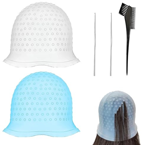 2 Pièces Bonnet Meches Cheveux,Kit Meche Cheveux Avec 2 Aiguille À Crochet en Metal et 1 Pinceau Coloration Cheveux,Pour Teinture des Cheveux - Réutilisable