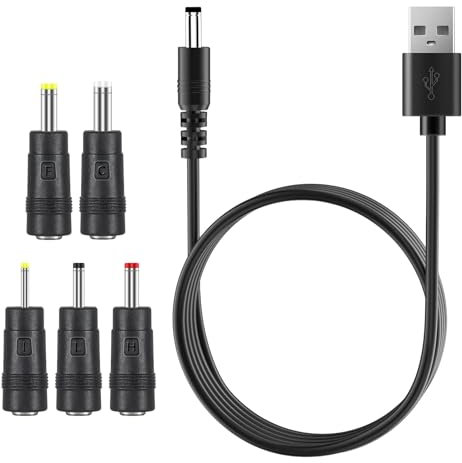 1PCS Universal USB to DC Power Cable, 1M 5V 2.0 A DC Charger Cable, Detachable USB Power Cable, with 5 Interchangeable dc Connectors, for Speaker, LED Lights, Router, Monitor, Laptops Etc.(Black)