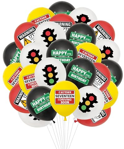 Lot de 32 ballons pour 17e anniversaire – Lot de 32 ballons pour 17e permis de conduire, transport de voiture, panneaux routiers, fournitures de fête à thème pour enfants de 17 ans