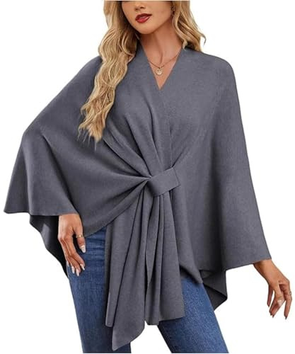Generico Maglione Elegante Scialle Avvolgente Morbido Poncho Aperto Sul Davanti,Poncho Incrociato Sul Per Viaggi A Incrociata (Gray)