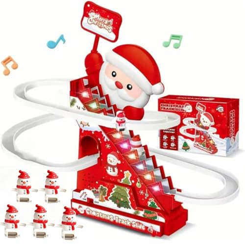 Weihnachtsmann Rutsche Achterbahn Spaß, Rutschen Spielzeug - Weihnachtsmann Rennspiel, 5 Stück Elektrische Treppensteigen Spielzeug, Animierte Weihnachtsbaum-Skihang-Musikaldekoration mit LED-Lichtern