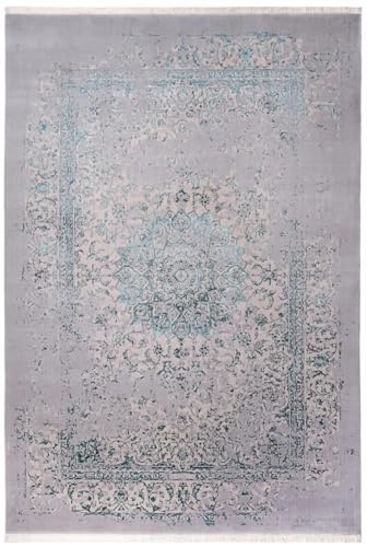 CABBEL Nain Wollteppich 170×240 cm – Handgearbeitet – Schurwolle – Moderner Orientteppich Grau Türkis – Edles Floral Erased Design – ideal für große Wohnräume