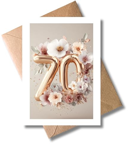 WBdesignz Geburtstagskarte 70. Geburtstag - „Alles Gute zum Geburtstag“ mit Umschlag - Edle Glückwunschkarte mit goldenen Ballon-Zahlen & Blumenmotiv für Frauen - zum siebzigsten Geburtstag (DIN A6)