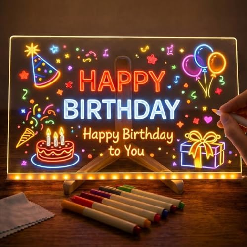Tableau Acrylique Lumineux Message LED Tablette Lumineuse Dessin Effaçable avec 7 Stylos Néons, Bloc-Notes Cadeau Créatif Tableau D'écriture Transparent pour Enfants, Maison