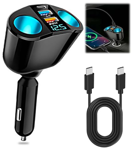 120W Car Cigarette Lighter Adapter, 12V/24V Car USB Charger Splitter Dual USB QC3.0 PD Double Cigarette Lighter Multi Socket with LED Voltmeter Fast Charging for Phones Dashcam Vehicle Devices