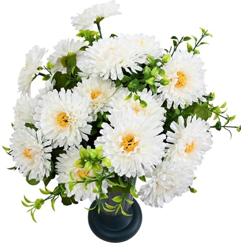 4pcs Artificial Flowers for Graves, Fake Grave Flowers Outdoor, White | Faux Chrysanthemums, Silk flowers, Grave Ornaments, Funeral, Graveside, artificial plants outdoor, 20 Blooms, No Pots