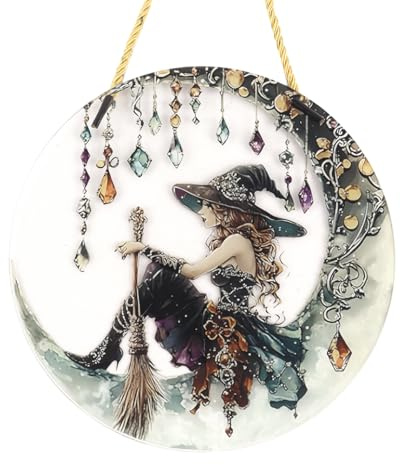 Voyoo Capteurs de Soleil pour fenêtres, Ornement Suspendu Plat en Acrylique Vintage de 20 x 20 cm, décorations d'art Mural Gothiques Lune et sorcière