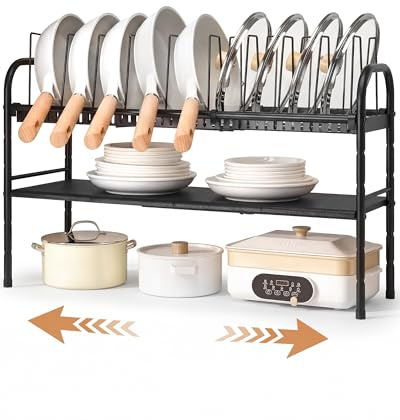 HULISEN Pots and Pans Organiser for Cupboard, Expandable 2-Tier Pan Stand with 10 Dividers, Adjustable Saucepan Rack, Pan Lid Holder and Saucepan Lid Storage, Kitchen Cupboard Organiser