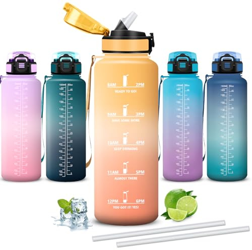Mujigaga Gourde 1,5L, Gourde Sport Anti-Fuite, Gourdes avec Paille, Facile à Nettoyer, Gourdes Reutilisable, avec Slogan de Motivation, Bouteille d'eau pour Running, Escalade, Musculation, Randonnée