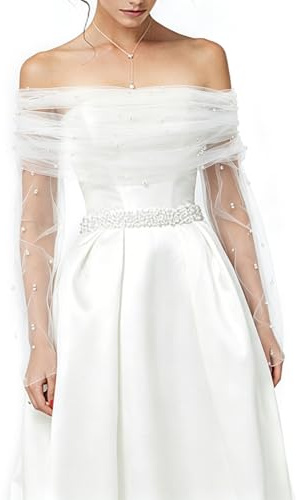 WEBEEDY Ensemble de Châle Blanc en Tulle Perlé et Gants de Mariée, Cape de Mariage en Mousseline Tulle Boléro & Manches d'Épaule de Mariée Cache-Épaules Couvre Robe de Mariée Accessoires de Robe