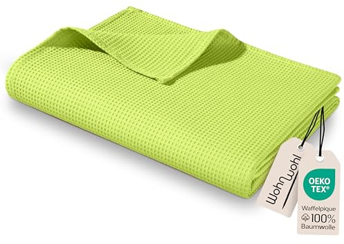 Wohnwohl Colcha, manta ligera de piqué de algodón 100 %, para sofá, ventilada, versátil, de fácil cuidado, 150 x 200 cm, color: verde.