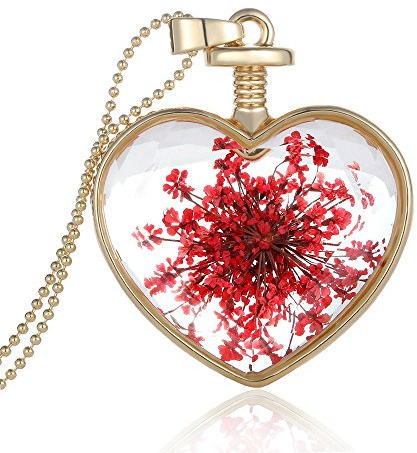 Collar largo Feilok con colgante en forma de corazón y flores secas de cristal transparente para mujer