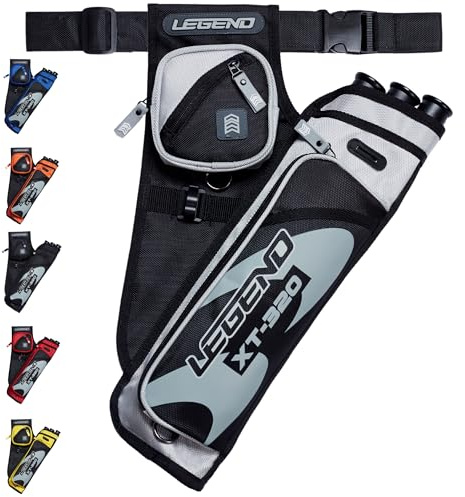 Legend XT320 Archery Quivers - Left Handed Nylon Hip Quivers with 3 Arrow Tube Cases for Target Shooting - Adjustable Waist Belt, T-Slot, Compartments for Accessories, Tools, Release Tab - Grey