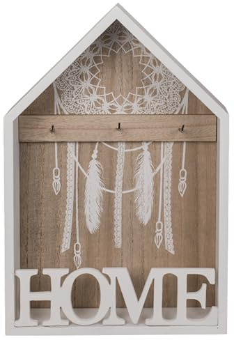 Out of the Blue Schlüsselkasten „Home“ – weiß-naturfarbene Schlüsselbox aus Holz mit Traumfänger-Motiv – offenes Design mit Haken für schnelle Übersicht – Wanddeko für Flur, Küche & Büro