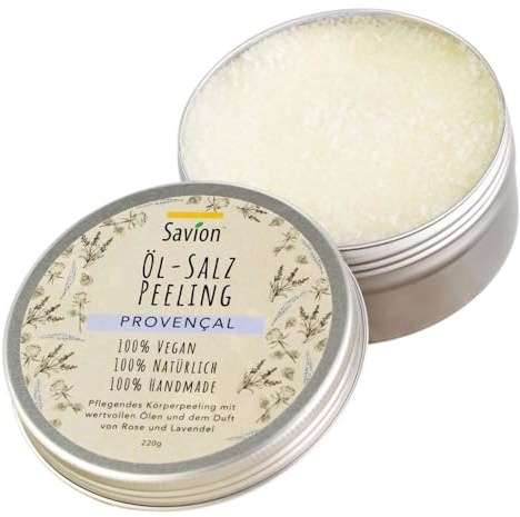 Savion Öl-Salz-Peeling provencal, mit feinem Kristallsalz, Mandel- und Jojobaöl und natürlichen ätherischen Ölen, bestens für Hamam, Vegan, Made in Germany, 220g