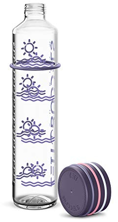 Stabile Kohlensäure geeignete Glasflasche mit Uhrzeit 1000 ml 1 l Trinkflasche mit Zeitmarkierung Trinkerinnerung, BPA frei, auslaufsicher, bruchsicher, Zeitbuddels SUNBEAM, Lila