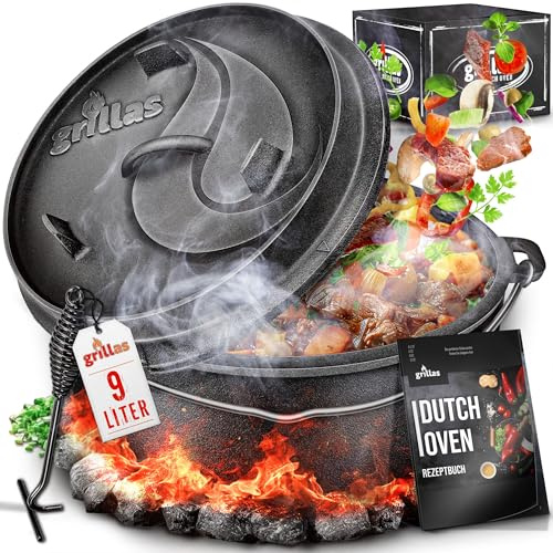 grillas® Dutch Oven Set inkl. Rezeptideen 9 Liter | bereits eingebrannt | Feuertopf Gusseisen für 2-5 Personen I Bräter mit Deckelheber & Henkel | Schmortopf Grill, Briketts, Lagerfeuer & Outdoor