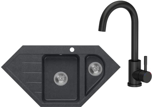 VBChome Eckspülbecken mit Armatur 95x49 cm Schwarz Granit 1,5 Becken 1,5 Abtropffläche Küche Einbauspüle Küchenspüle Gesprenkelt Spülbecken Siphon Armatur