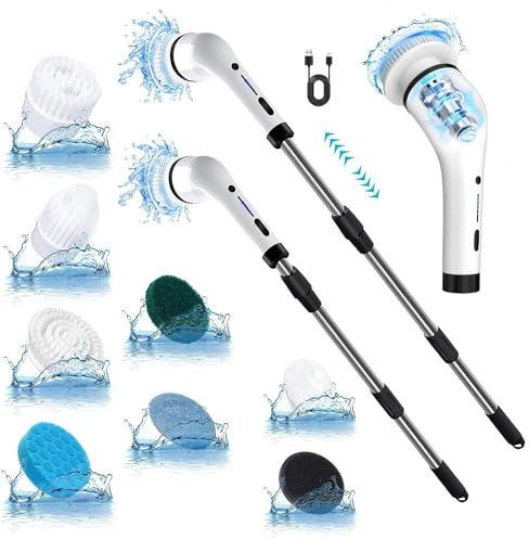 Brosse de nettoyage électrique, brosse rotative électrique avec 7 têtes de brosse remplaçables et bras d'extension réglable de 137,2 cm, brosse à récurer pour salle de bain, cuisine, sol, carrelage,