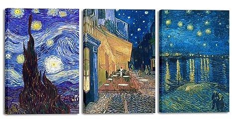 Wieco Art Large 3 Panels Canvas Prints of Vincent Van Gogh Paintings Reproduction Starry Night Cafe Terrace at Night Canvas Wall Art for Living Room Home Office Decor