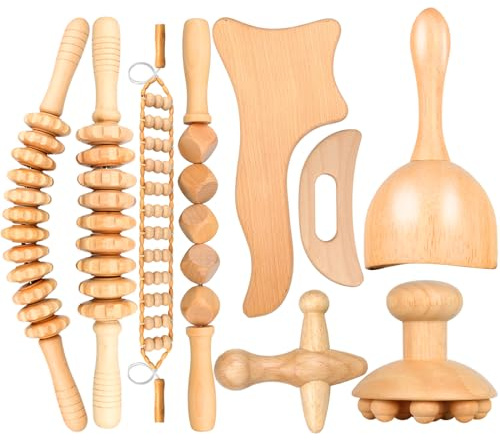 Fairyliss 9-in-1 Holztherapie-Massagewerkzeug für Körperformung, Maderoterapia-Set gegen Cellulite, Lymphdrainage, gebogenes Holzmassagegerät, Tassenroller-Set für Bein- und Bauch