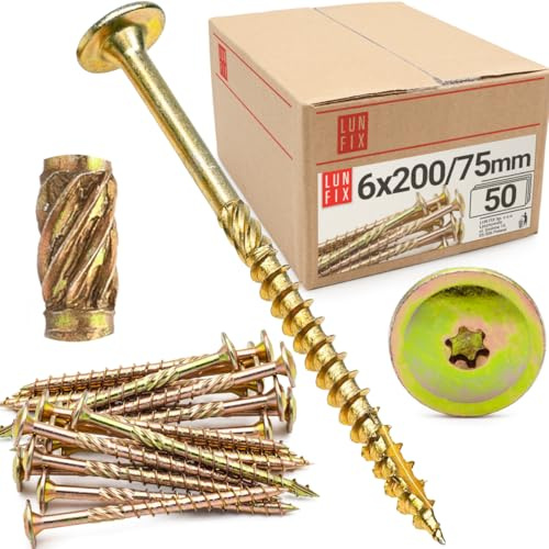 LUN FIX Tellerkopfschrauben 6x200 50 Stk TX40 Torx Fräsrippen | Gelb Verzinkt Holzschrauben Terrassenschrauben Spanplattenschrauben Selbstschneidende Schrauben