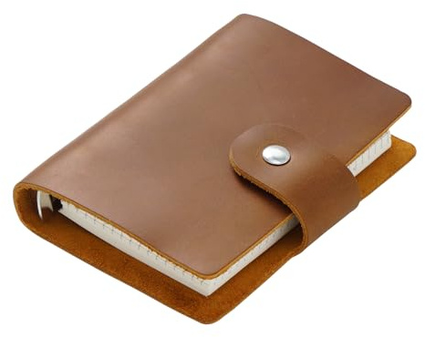 A8 Leder Pocket Notebook - Mini Rindsleder Tagebuch mit Punkt- & Rasterseiten, nachfüllbares Loseblatt-Notizbuch, glatte Textur für Journaling, Planen, Skizzieren, Reisen (Braun)
