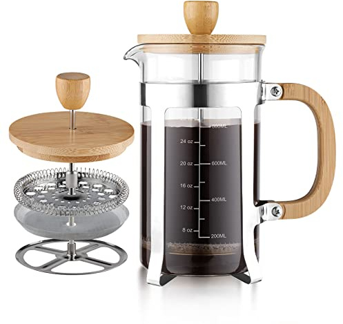 Sivaphe 34 oz French Press Coffee/Tea Maker with Bamboo Lid and Hand Stainless Steel High Borosilicate Glass 1000ml Coffee Brewer Set