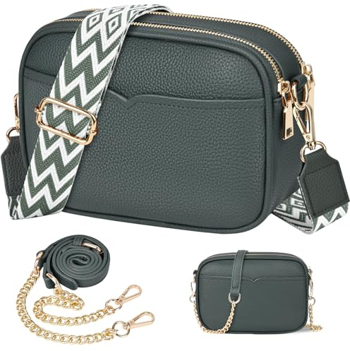 TEUEN Damen-Umhängetasche, Kleine Crossbody Bag PU Leder Elegante Schultertasche mit 2 Abnehmbar Breitem und Kette Schultergurt Handytasche Handtaschen ＆ 4 Geldbeutel Kartenfächer | PU Leder, mit 2 abnehmbaren Schultergurten (Breit & Kette), inklusive 4 integrierter Kartenfächer im Inneren