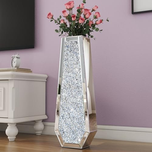 SHYFOY Grand pot de sol 76 cm miroir en cristal structure MDF vase décoratif au sol XXL pour salon, salle à manger, chambre à coucher, couloir, intérieur, bureau, argent