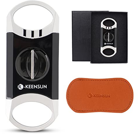 KEENSUN Cortador de cigarros de aleación de zinc con corte en V (plateado y negro), calibre 60, hoja de corte de acero inoxidable 420J2 en caja de regalo