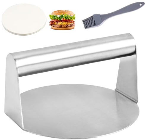 Littlegaofeithing 1 x Antihaft-Presse aus Edelstahl, gehackte Steakpresse, rund, mit 100 Blatt Ölpapier und 1 Ölpinsel, für Steak, Burger, Patties (14 cm)