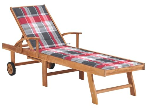 CIADAZ Sonnenliege mit Auflage Rotes Karomuster Massivholz Teak, Gartenliege, Liegestuhl, Sonnenstuhl, Sonneninsel Outdoor, Liegen, Gartenmöbel, Bäderliege, Relaxliege - 3063019