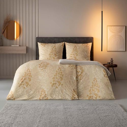 ESTELLA Mako Interlock - Biancheria da letto in jersey Marie, in ottone, 1 copripiumino 155 x 220 cm + 1 federa 80 x 80 cm