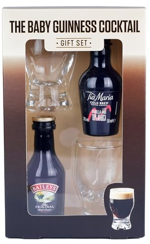 Baby Guinness Gift Set including Tia Maria Cold Brew 5cl and Baileys 5cl, and Two Shot Glasses. Perfect for Christmas and Birthdays. Premium Packaging by Blue Tree Gifts