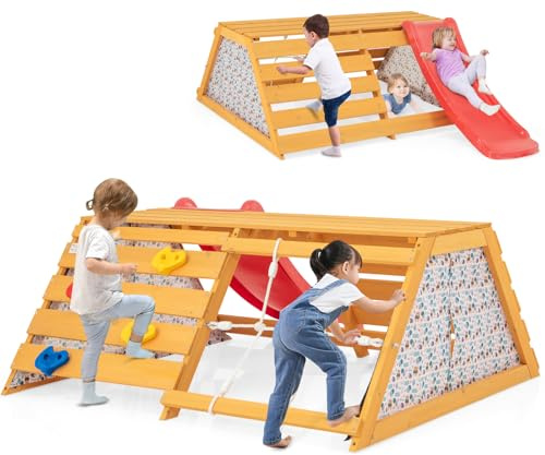 GYMAX 5 in 1 Kids Climbing Set, Toddler Climbing Frame with Slide, Removable Door Curtains, Rock Climbing Wall and Rope Wall Climber, Montessori Climbing Toy for 3-8 Years Old, Max Weight 200kg
