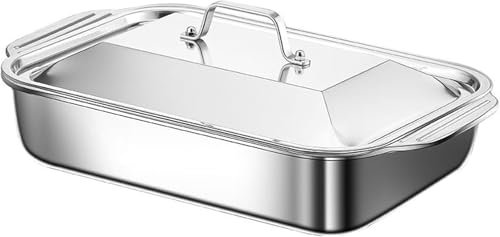 Fiskstek i rostfritt stål, rektangulär stekpanna med lock och handtag, stor serveringsfat for bakning och matlagning(41cm)