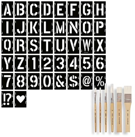 VZU 42 Stück 6 Zoll / 15cm Buchstaben Schablonen Set, mit 6 Log Pinsel, Wiederverwendbare Buchstaben Zahlen, Schablonen Alphabetschablone für für Holzschilder Malerei DIY und Handwerk